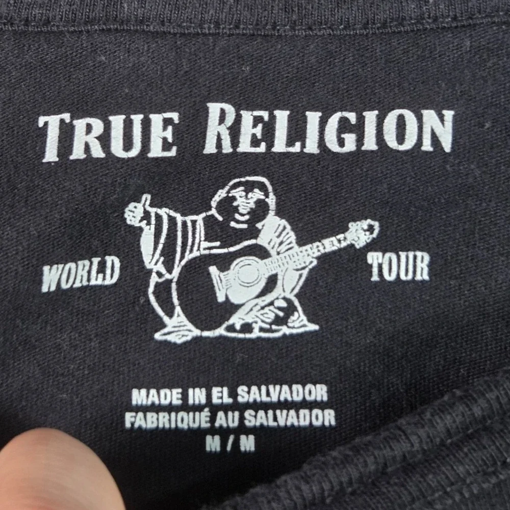 True Religion Long Sleeve Tee Mens S Black Red Stripe Horseshoe Logo 104235